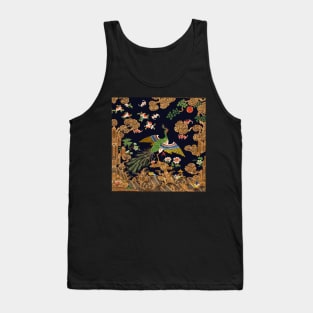 PEACOCK ,FLOWERS AND TREES IN NIGHT BLUE Antique Chinese Floral Tank Top